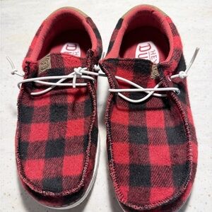 Hey Dude Red and Black Plaid Shoes